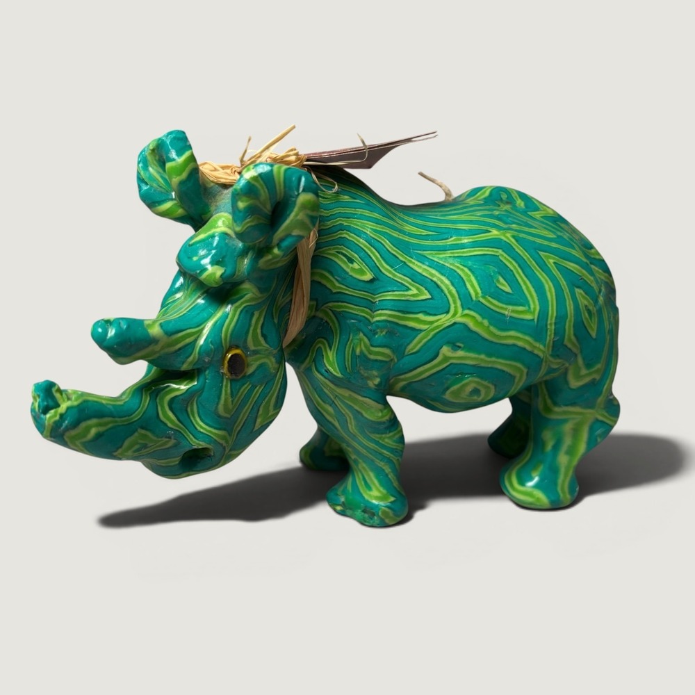 Swazi Candles Rhinoceros Figurine Green Marbled Millefiori Art Wax Candle NEW
